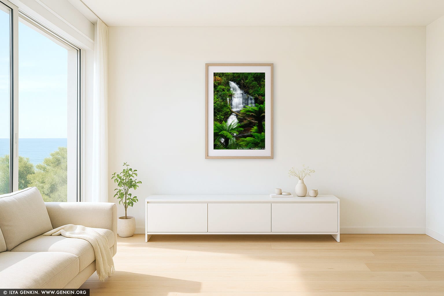 Triplet Falls wall art in a contemporary living room interior