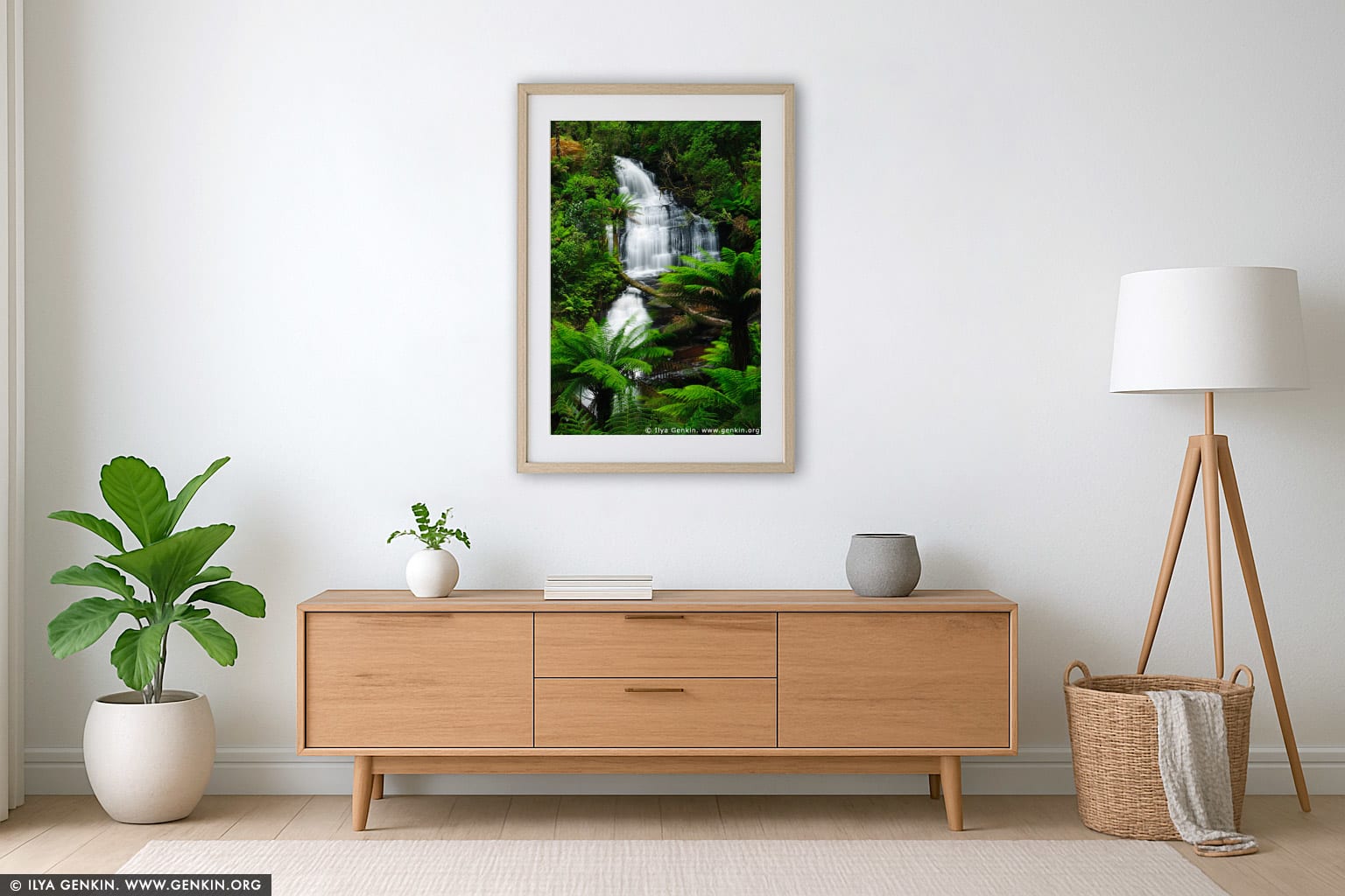 Triplet Falls wall art in a minimalist living room interior