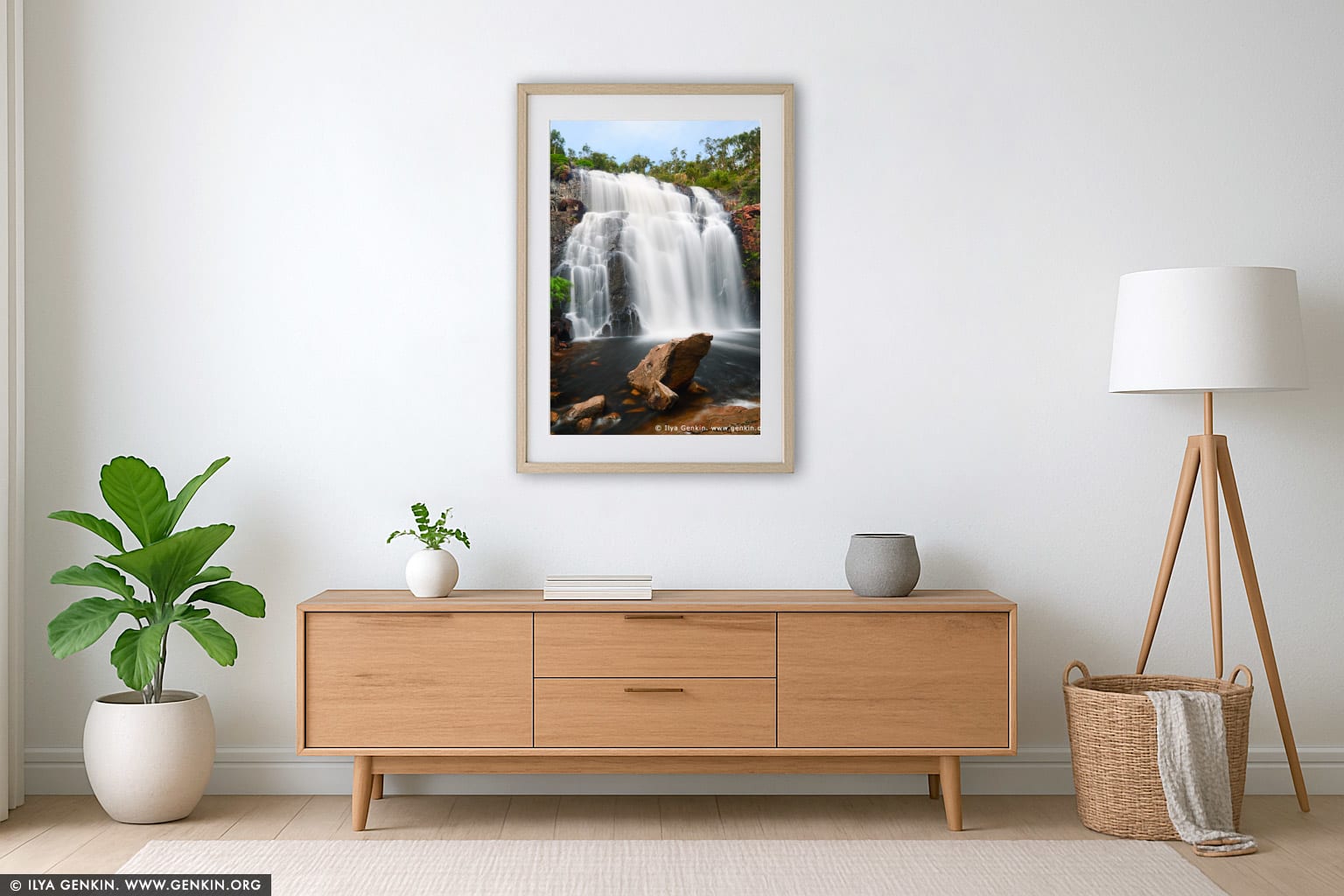 MacKenzie Falls wall art in a minimalist living room interior