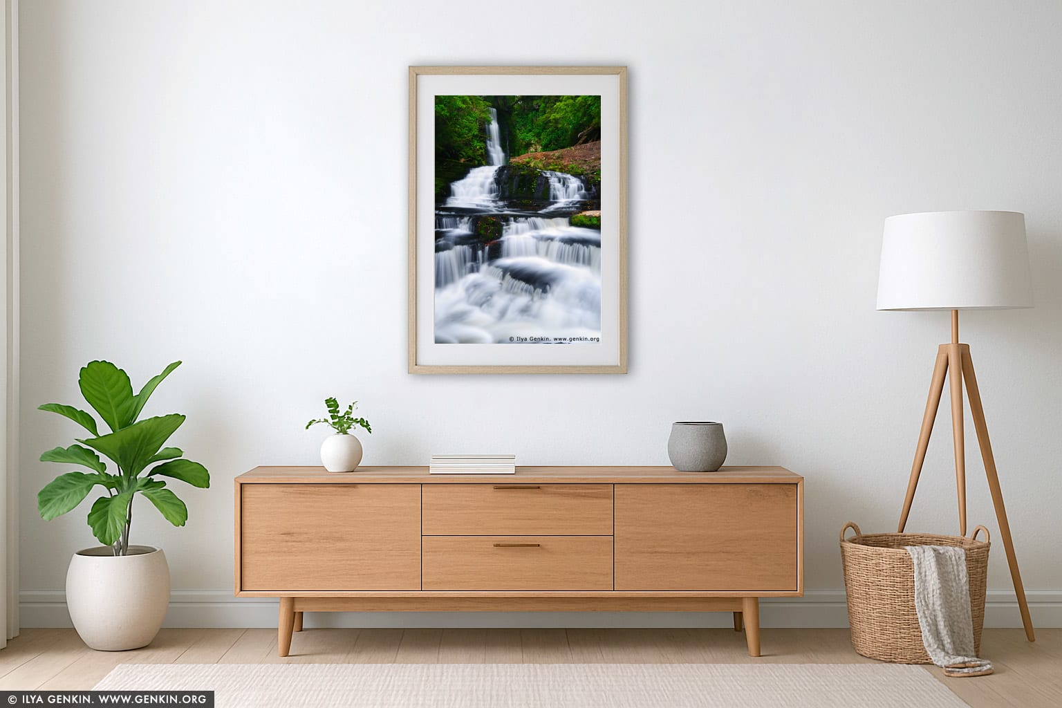 Upper McLean Falls wall art in a modern living room interior