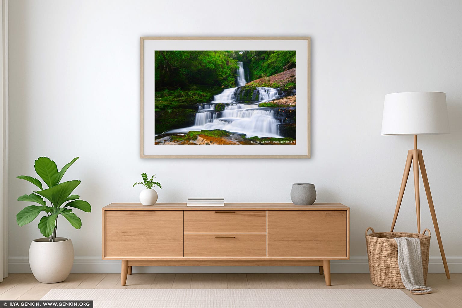 Upper McLean Falls wall art in a contemporary living room interior