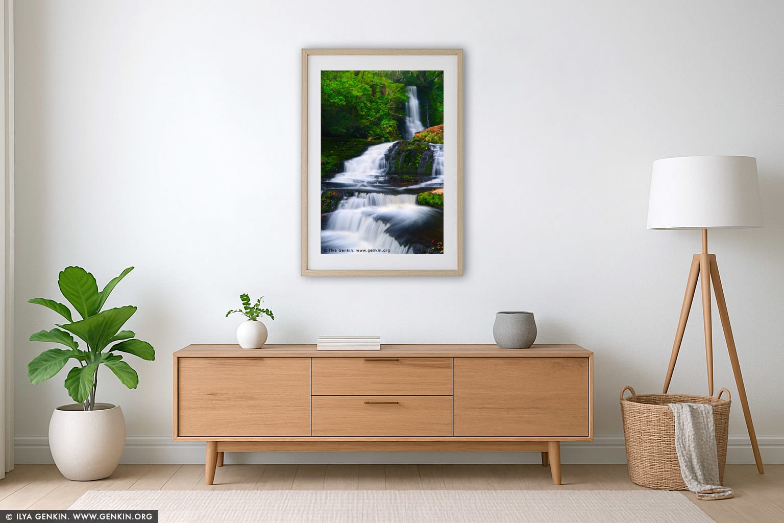 Upper McLean Falls wall art in a minimalist living room interior