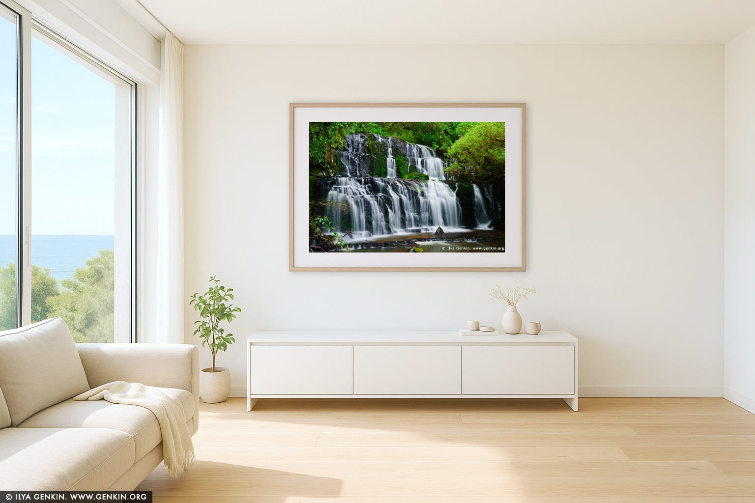 Purakaunui Falls wall art in a luxury living room interior