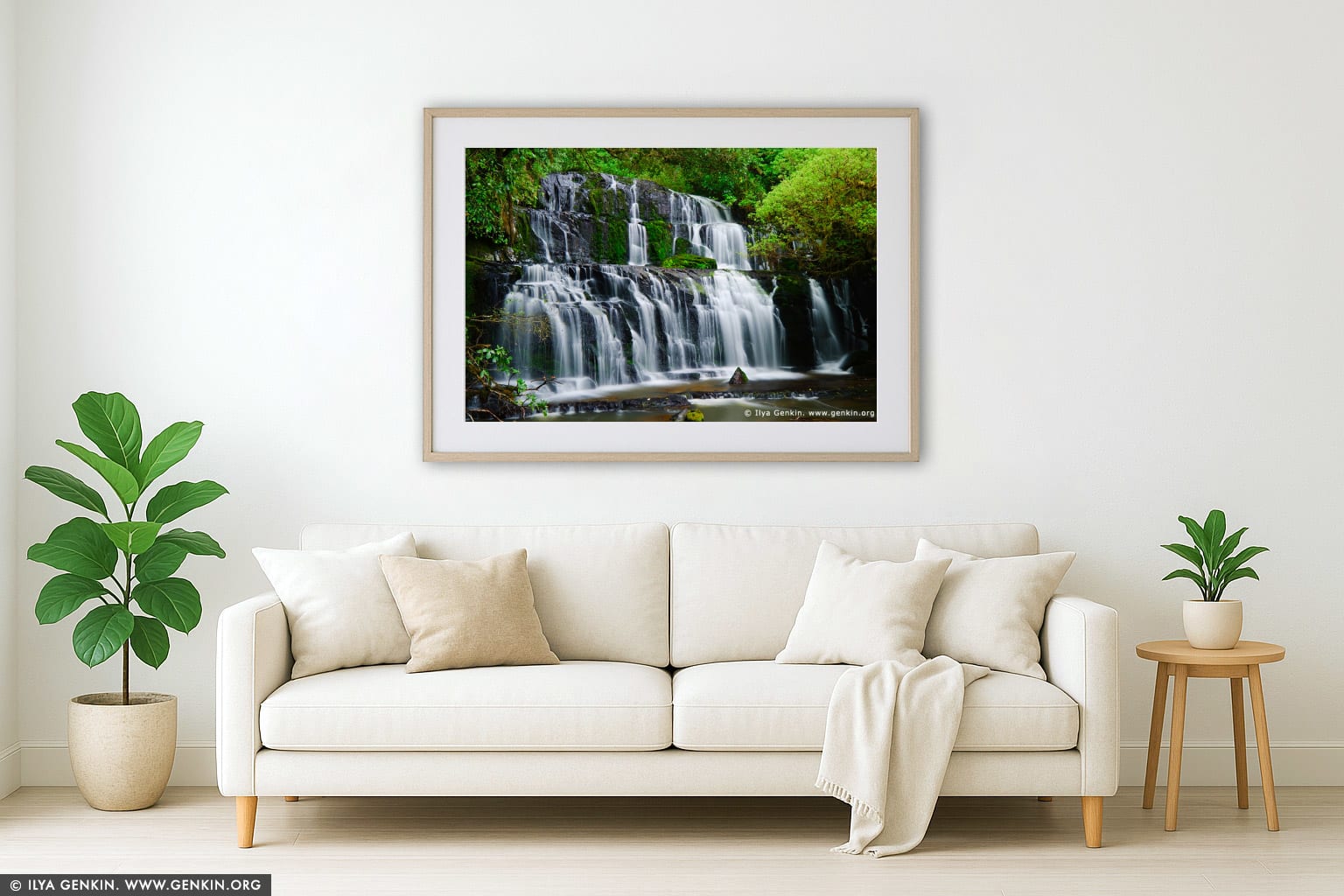 Purakaunui Falls wall art in a minimalist living room interior