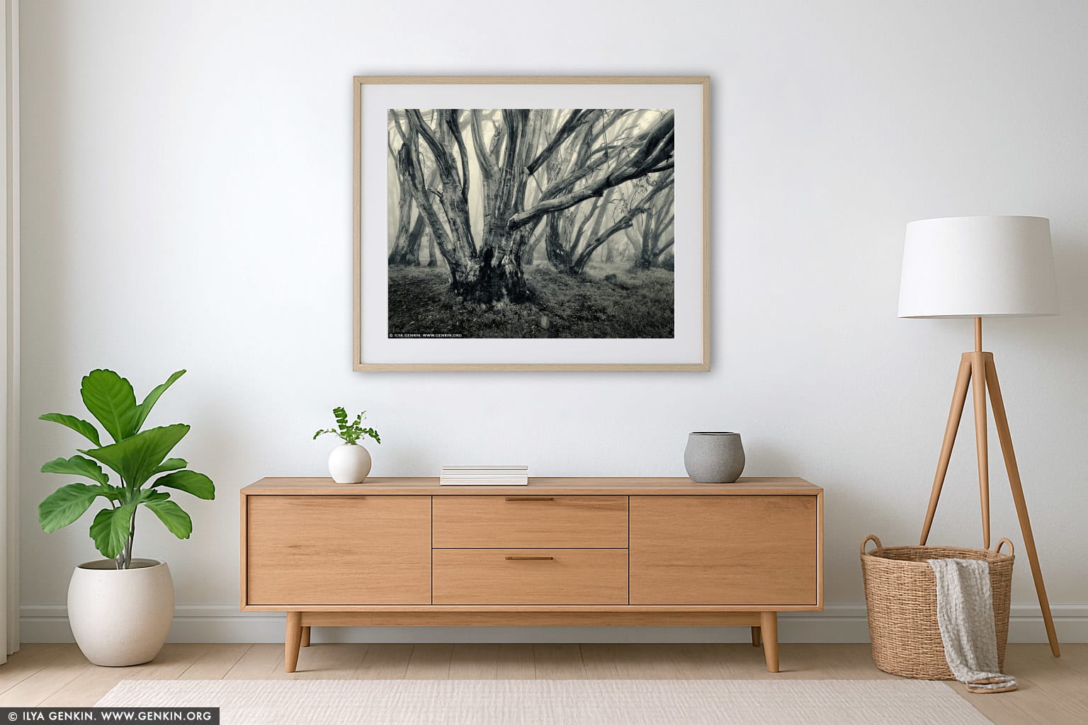 Misty Morning in High Country wall art in a minimalist living room interior