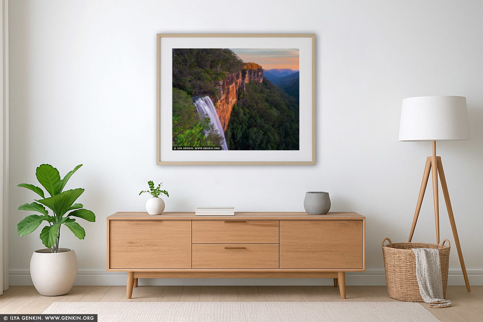Fitzroy Falls at Sunset wall art in a minimalist living room interior