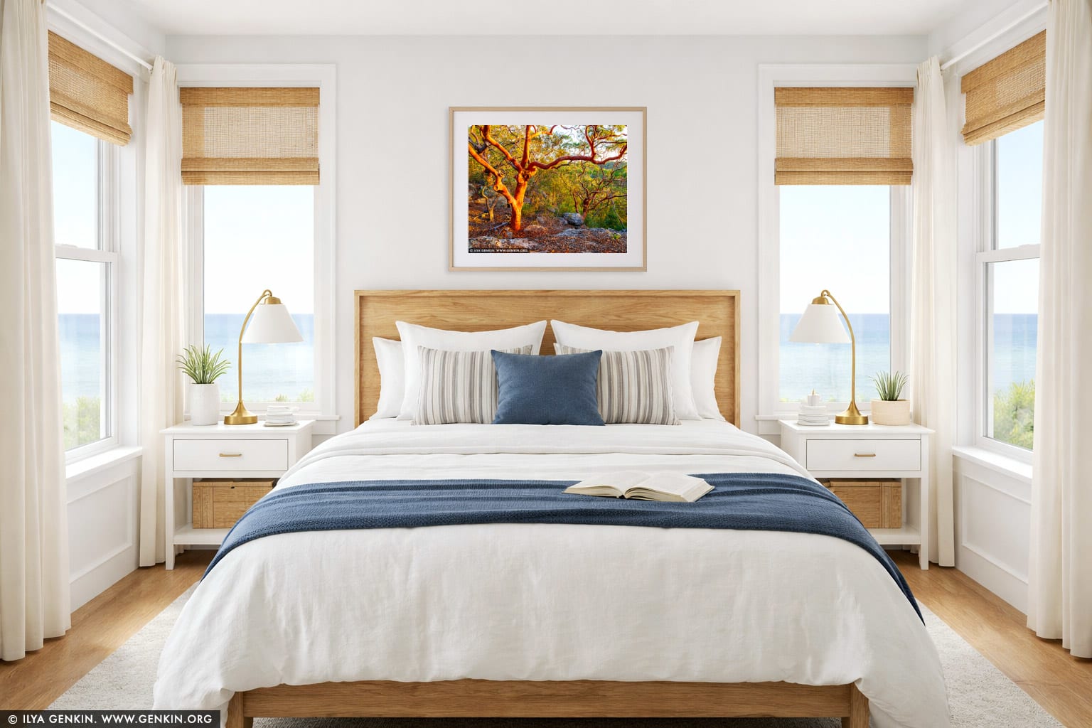 Sydney Red Gum Forest at Sunset wall art in a bedroom interior