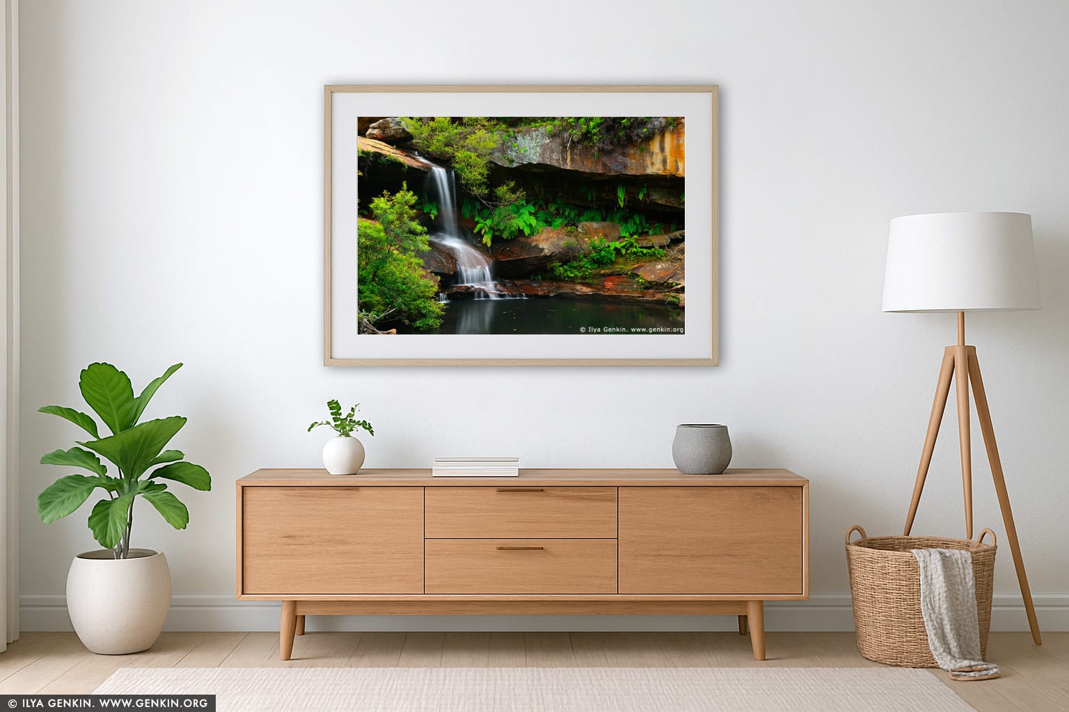 Upper Gledhill Falls wall art in a minimalist living room interior