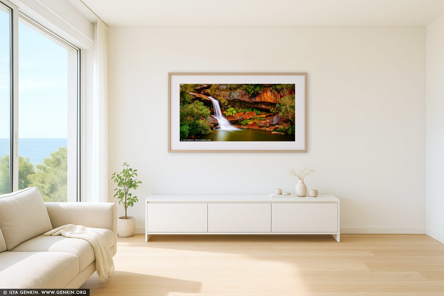 Upper Gledhill Falls wall art in a minimalist living room interior