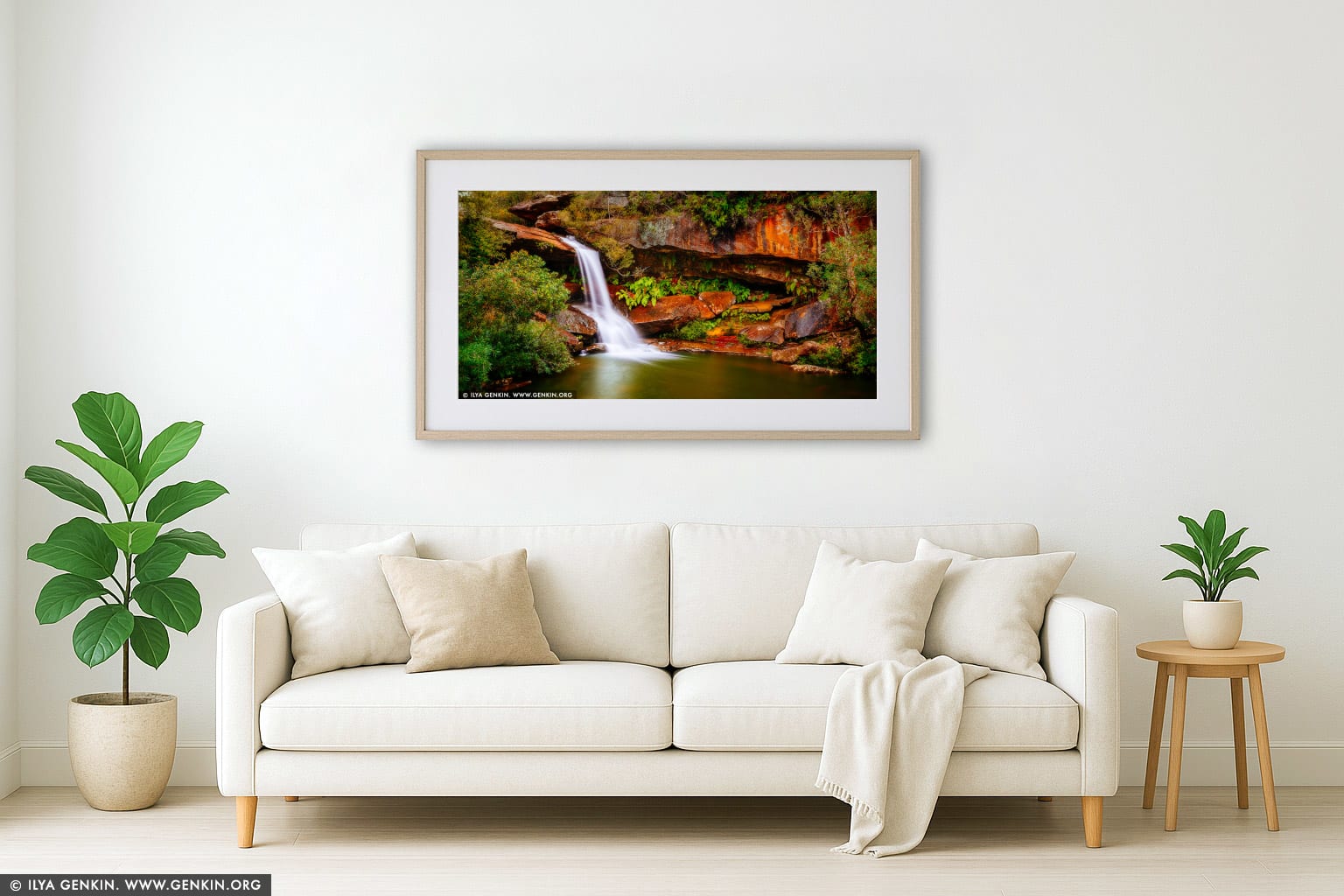 Upper Gledhill Falls wall art in a contemporary living room interior