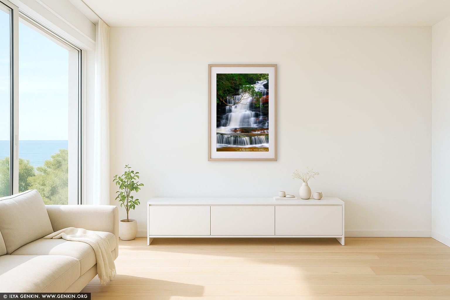 Upper Somersby Falls wall art in a minimalist living room interior