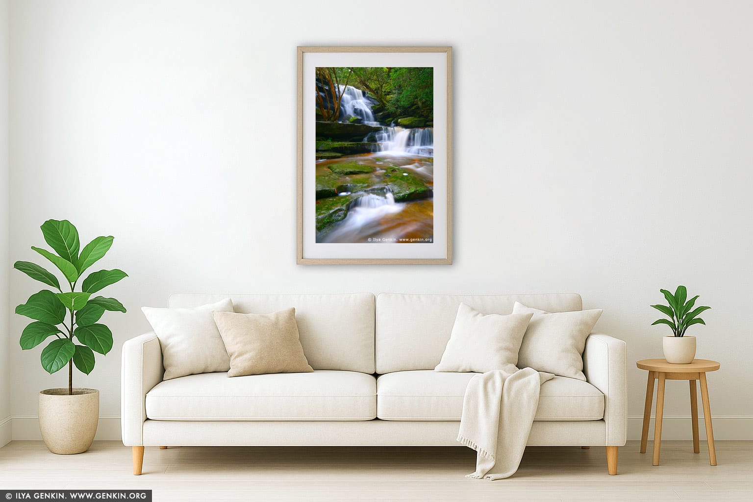 Lower Somersby Falls wall art in a minimalist living room interior
