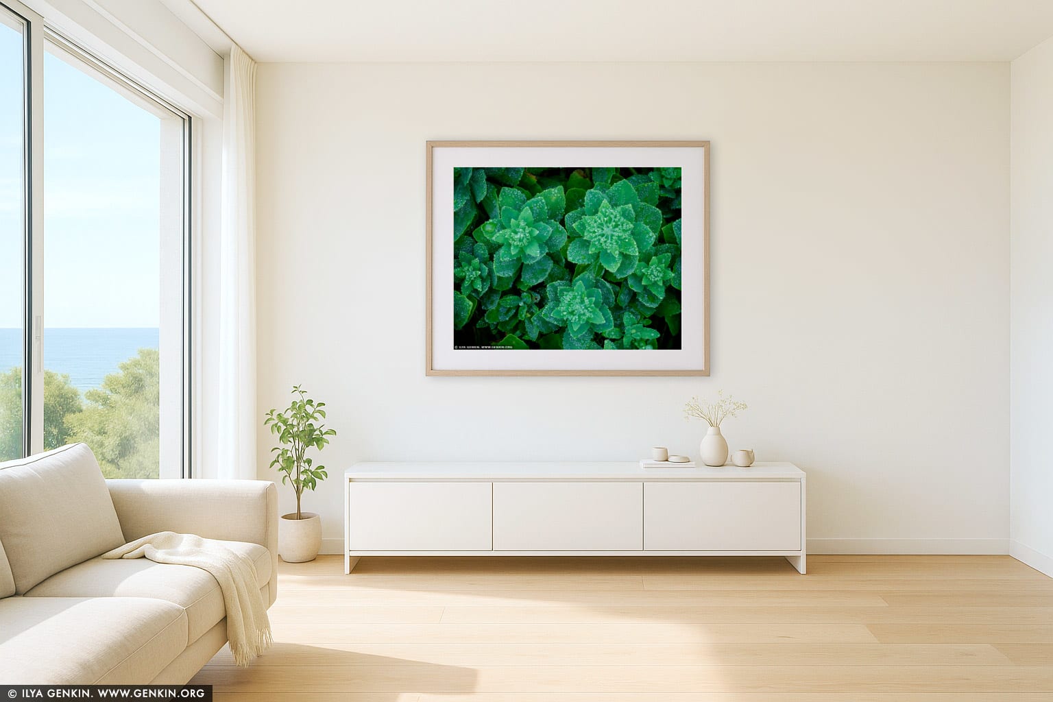 Flowers with Dew Drops wall art in a minimalist living room interior