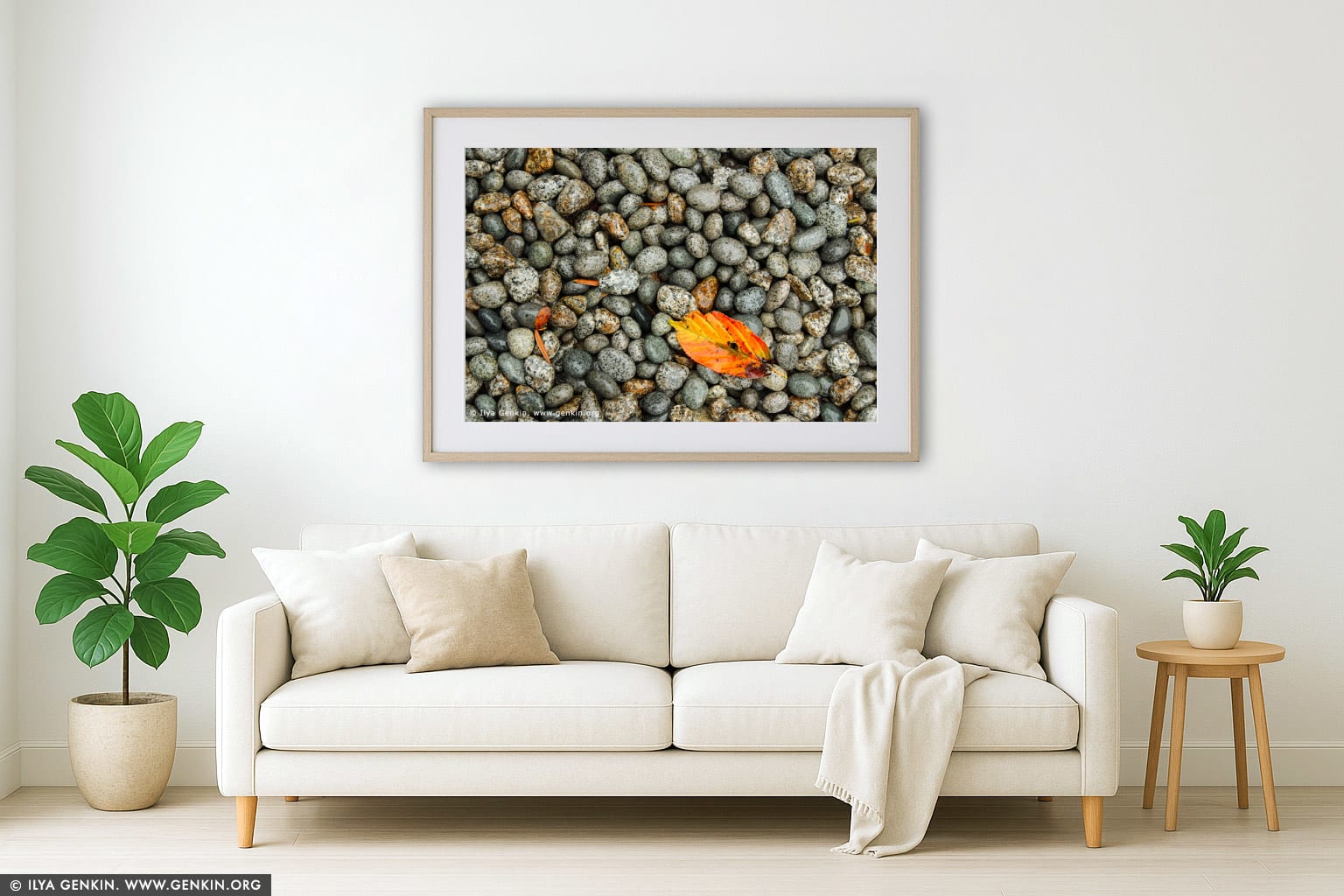 Red-Yellow Autumn Leaf on Wet Pebbles wall art in a luxury living room interior