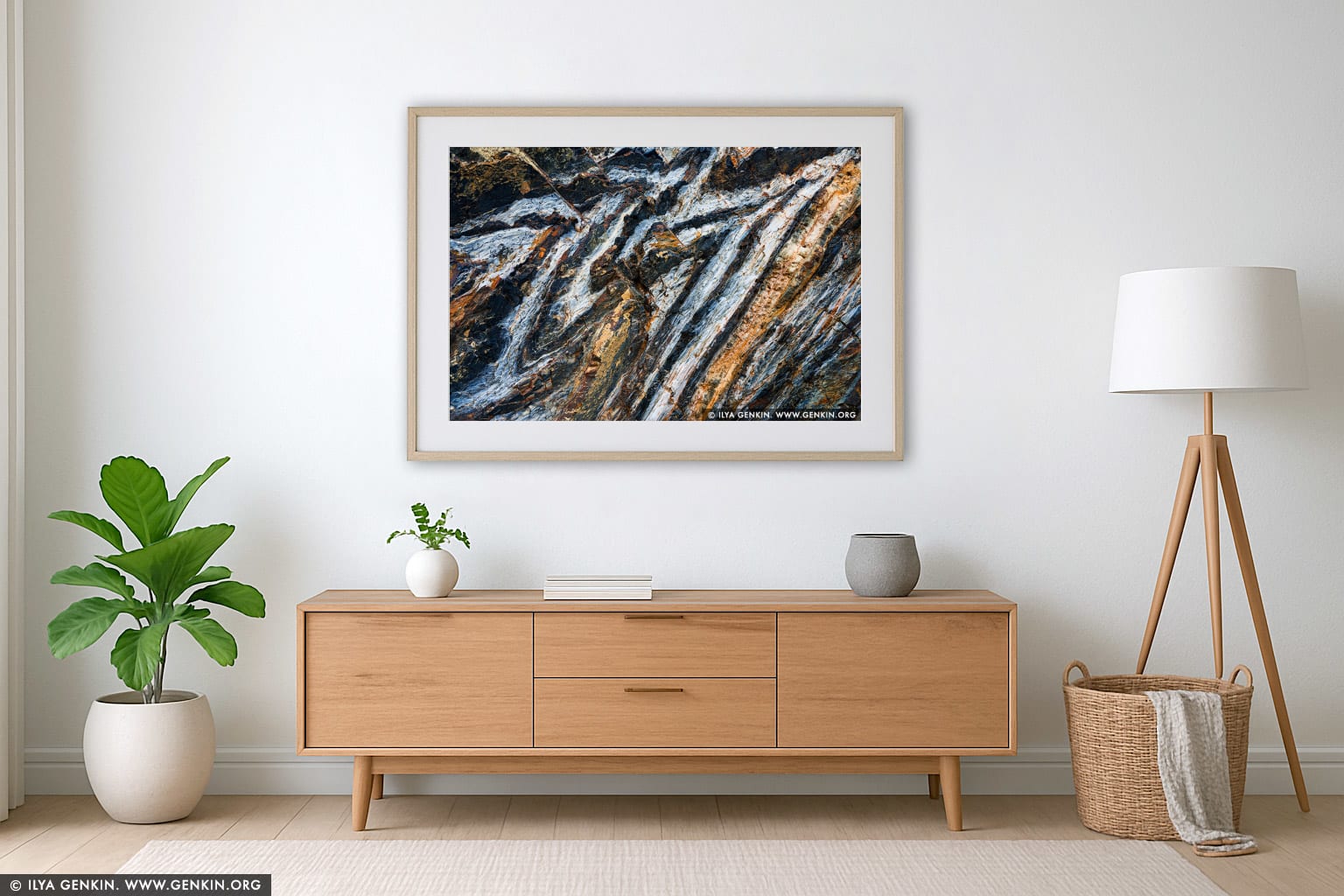 Chevron Rock wall art in a minimalist living room interior