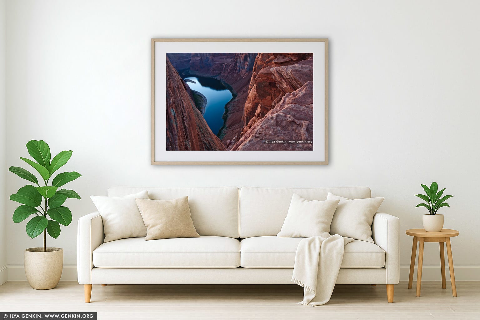 Horseshoe Bend wall art in a minimalist living room interior
