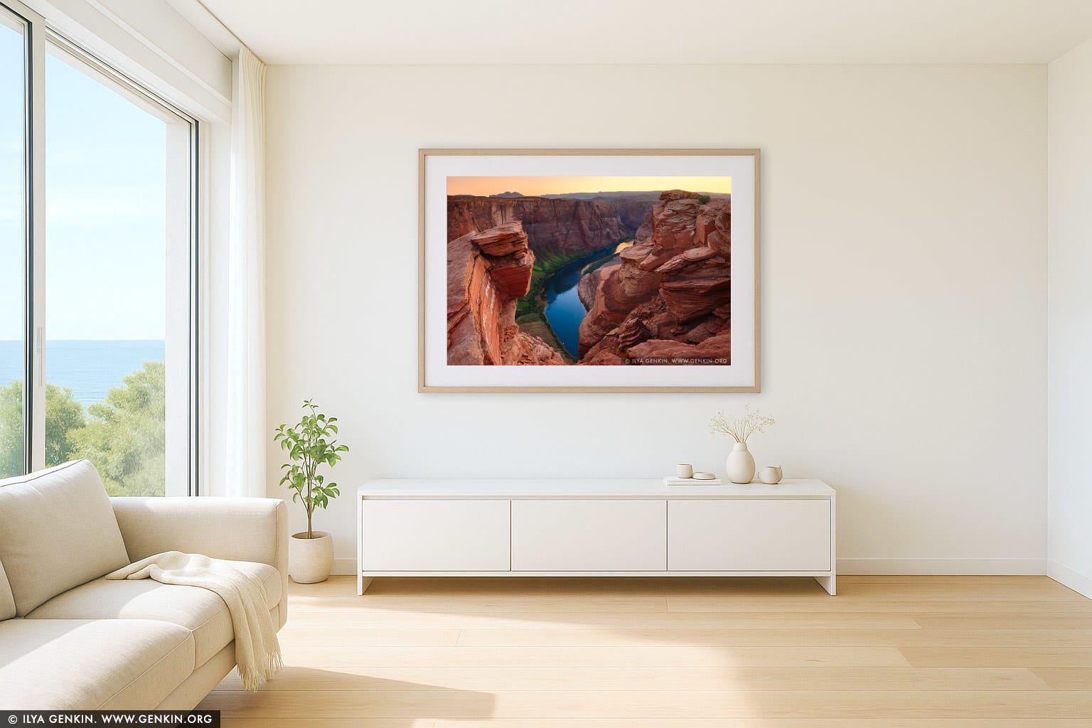 Unusual View of the Horseshoe Bend at Sunset wall art in a modern living room interior