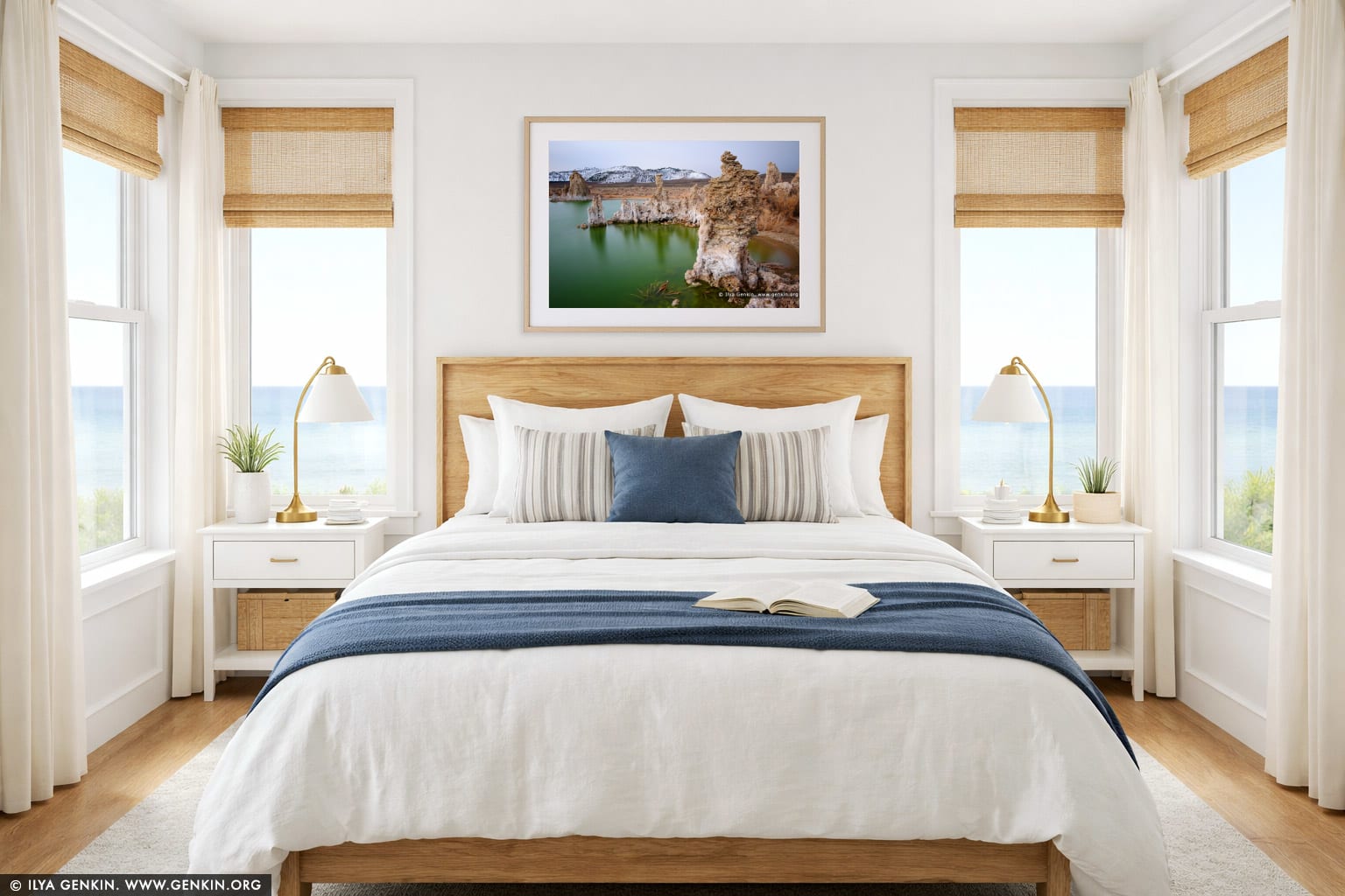 Lake Mono and Tufa Formations wall art in a bedroom interior