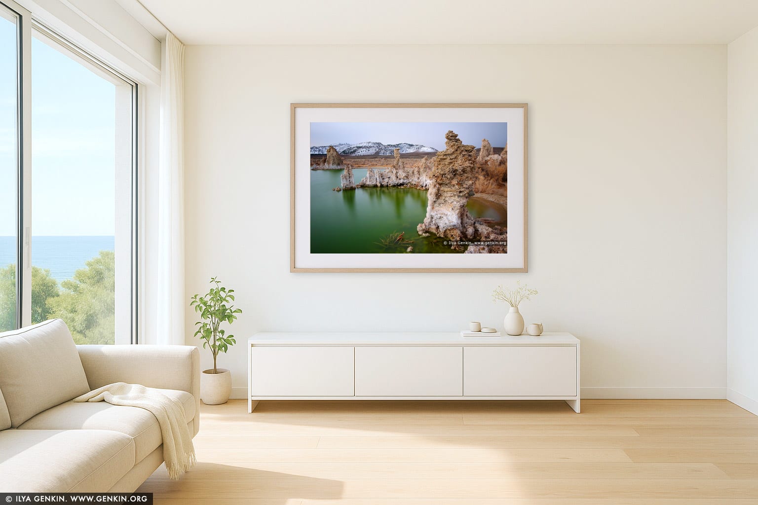 Lake Mono and Tufa Formations wall art in a luxury living room interior