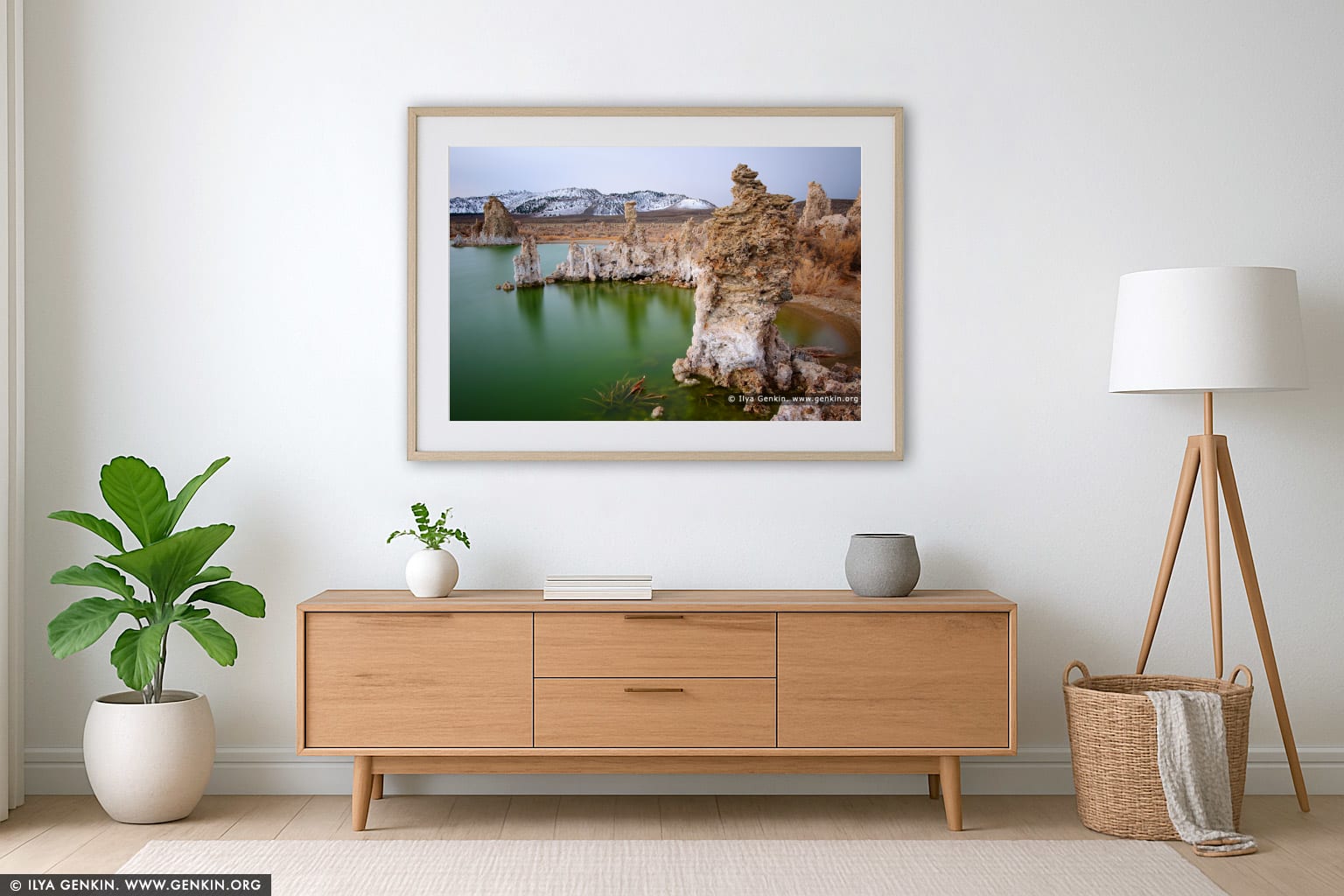 Lake Mono and Tufa Formations wall art in a modern living room interior