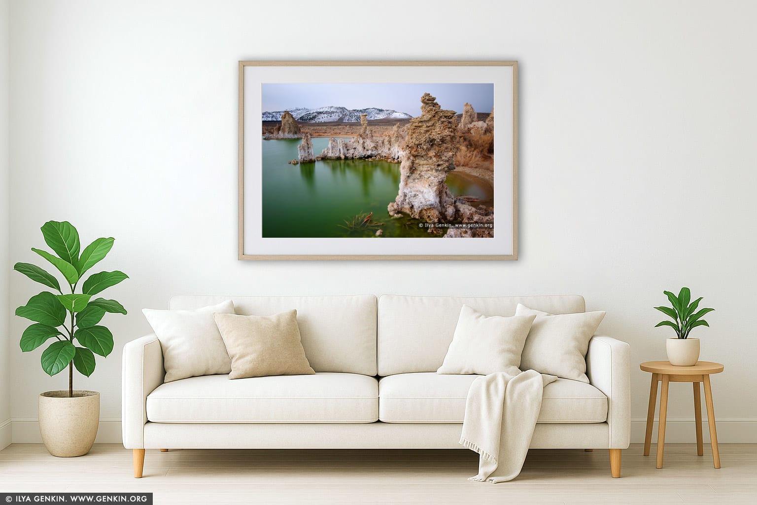 Lake Mono and Tufa Formations wall art in a minimalist living room interior