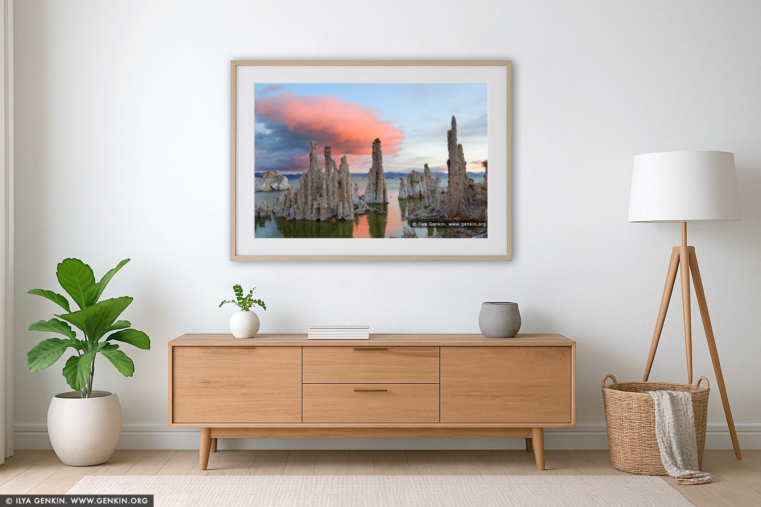 Sunrise at Lake Mono wall art in a contemporary living room interior