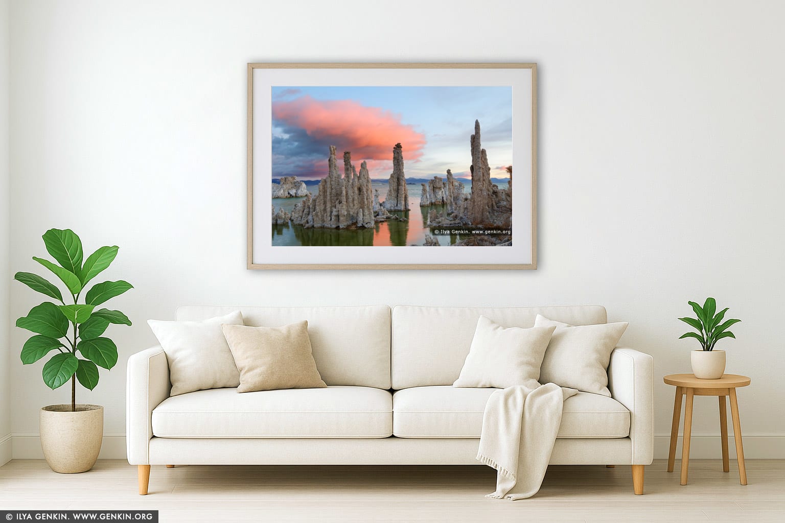 Sunrise at Lake Mono wall art in a luxury living room interior