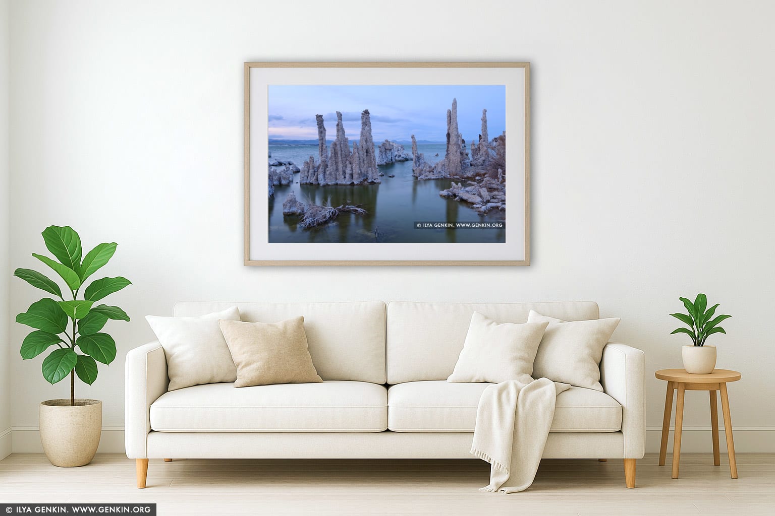 Evening at Lake Mono wall art in a minimalist living room interior