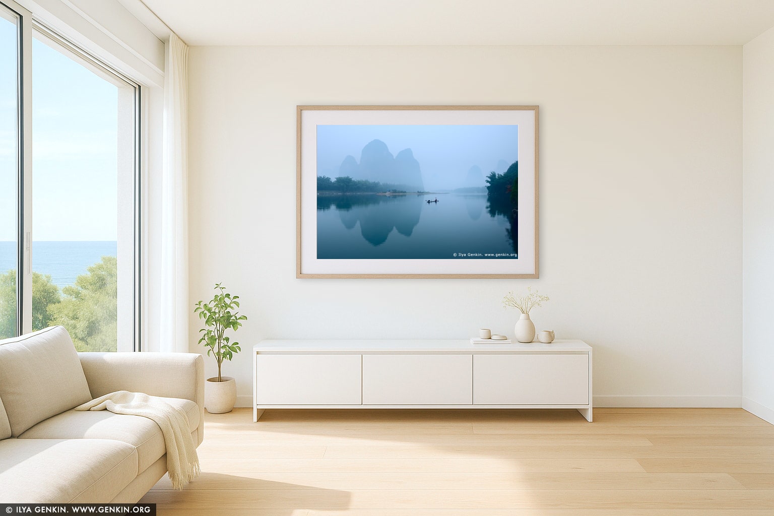 20 Yuan Note View at Dawn wall art in a minimalist living room interior
