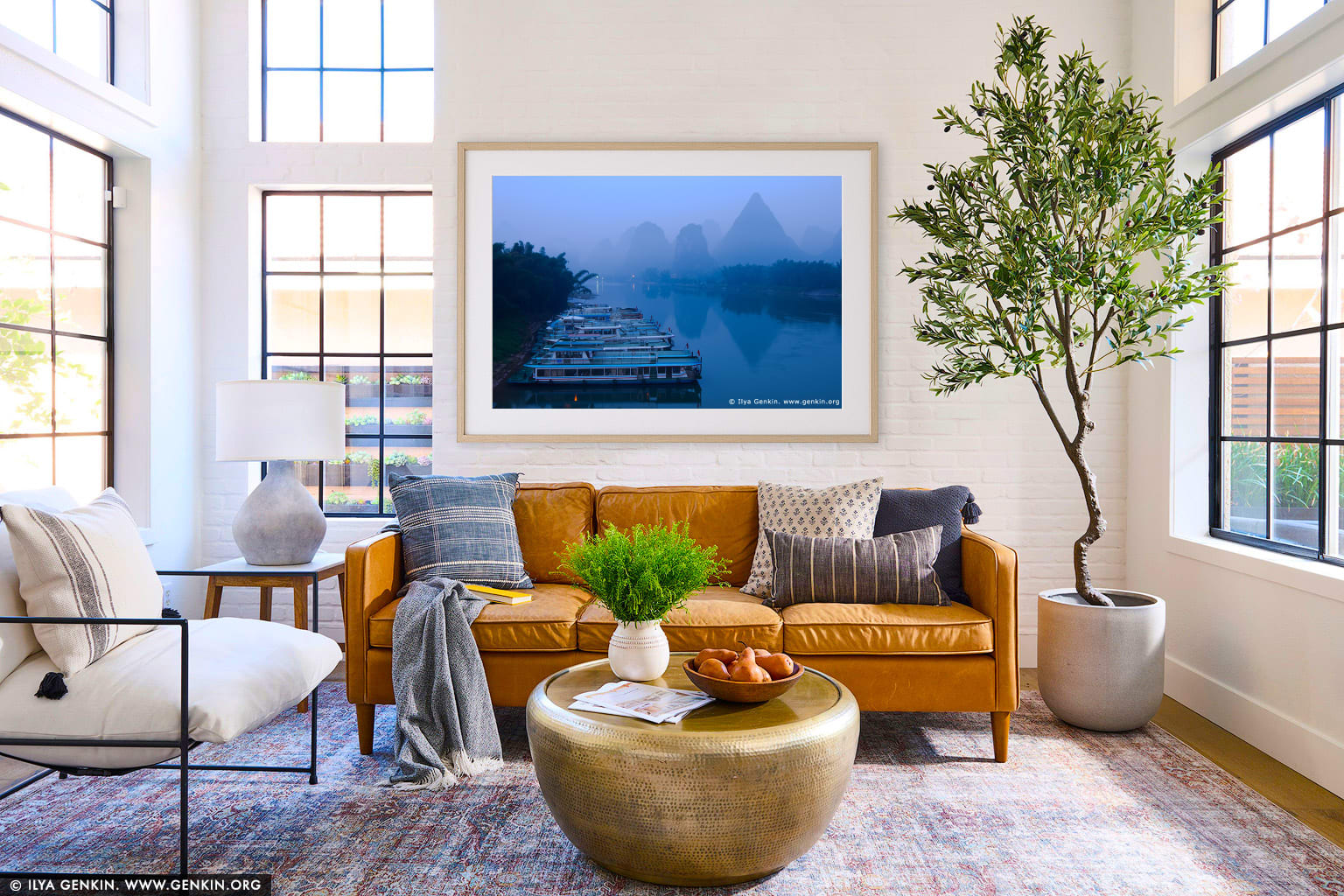 Early Morning on Li River Near Yangshuo wall art in a contemporary living room interior