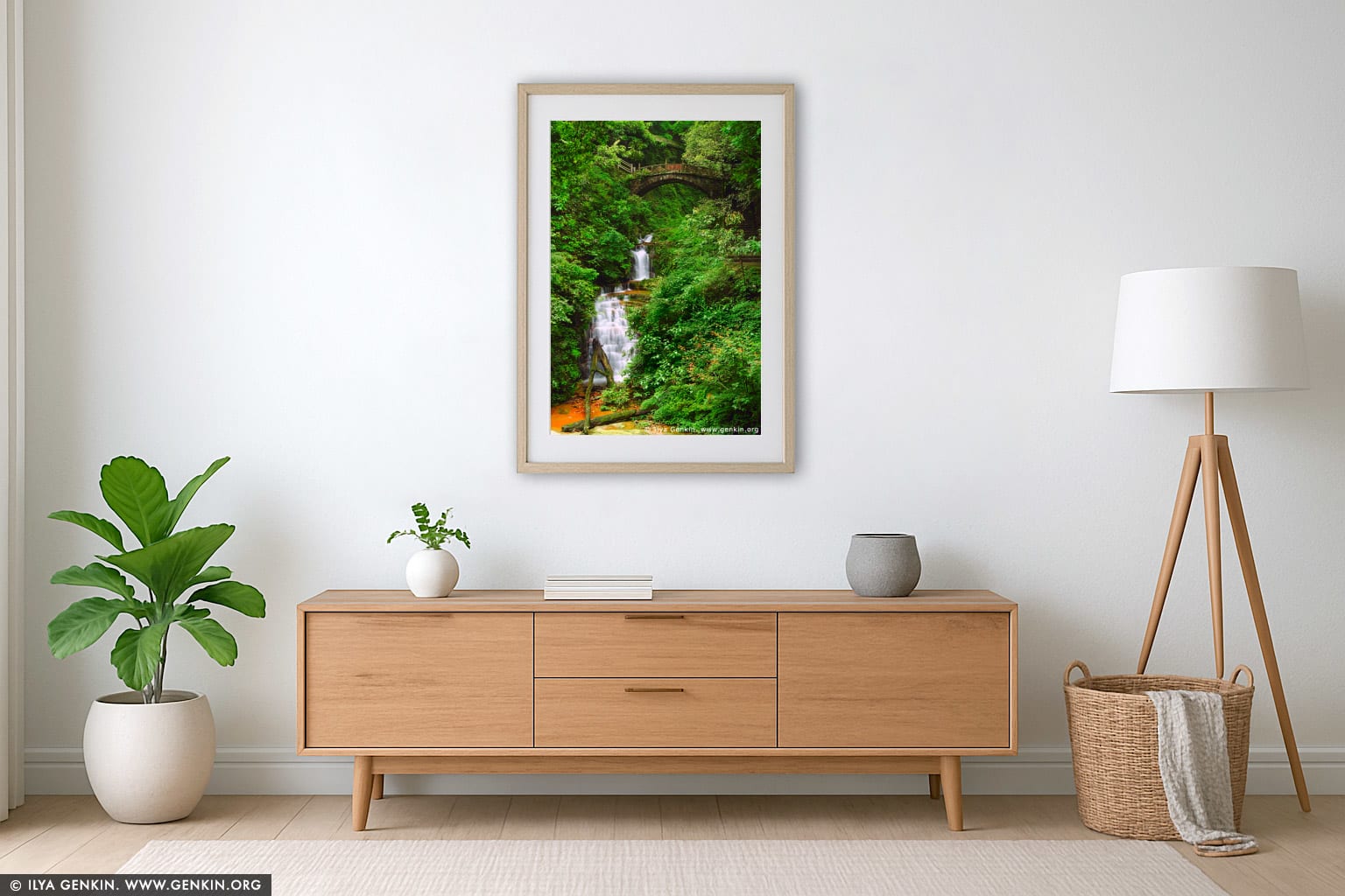 Waterfall and Latent Celestial Bridge wall art in a minimalist living room interior