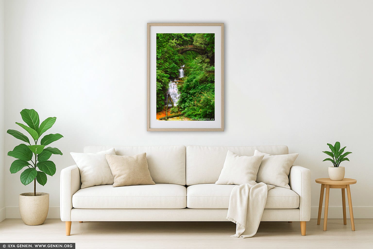 Waterfall and Latent Celestial Bridge wall art in a modern living room interior