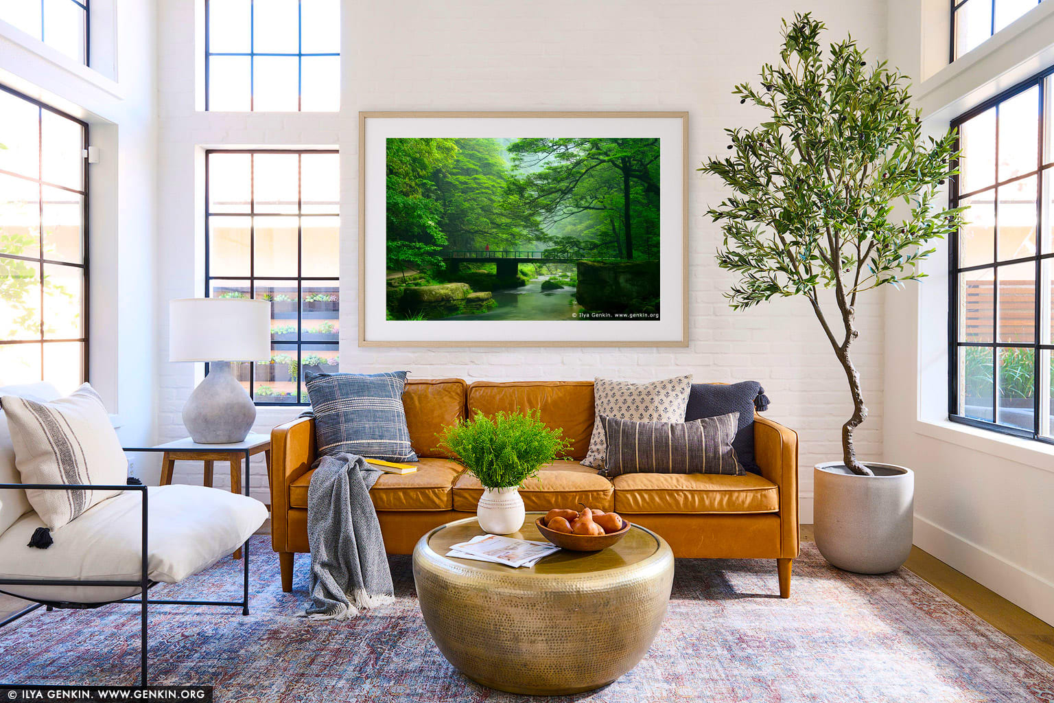 Bridge over the Golden Whip Stream wall art in a luxury living room interior