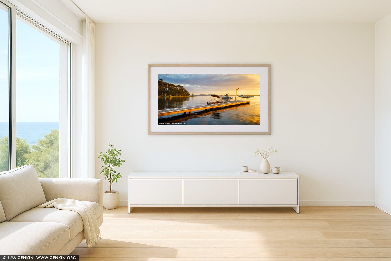 Wangi Point Jetty at Sunrise wall art in a luxury living room interior