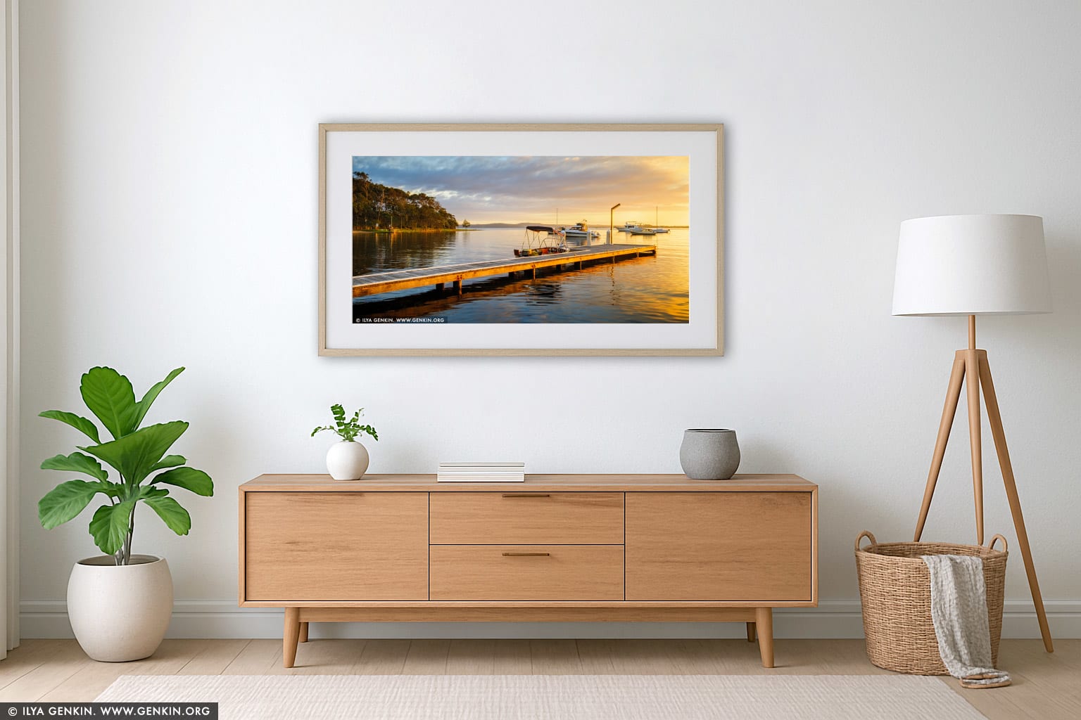 Wangi Point Jetty at Sunrise wall art in a modern living room interior