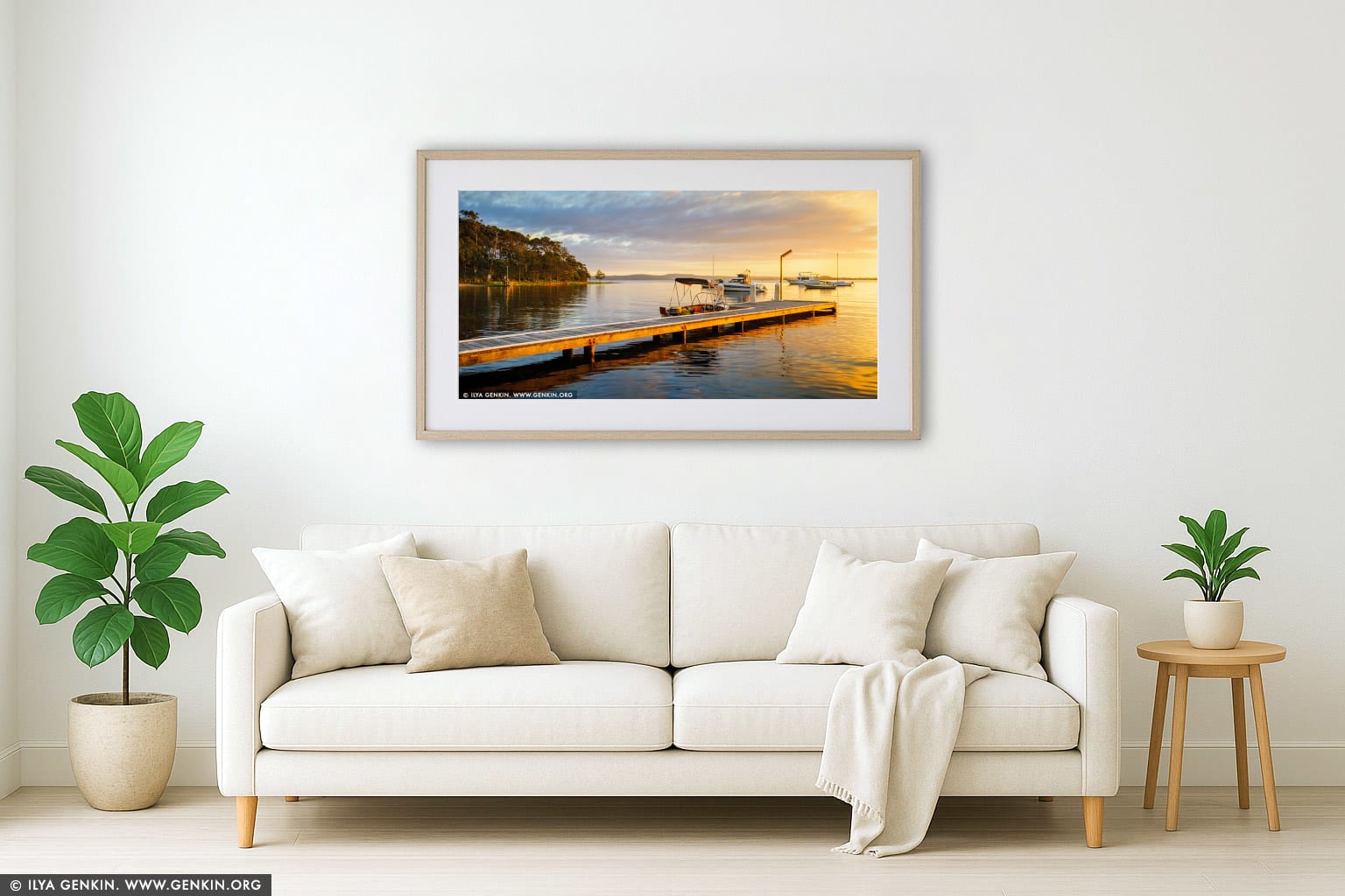 Wangi Point Jetty at Sunrise wall art in a minimalist living room interior