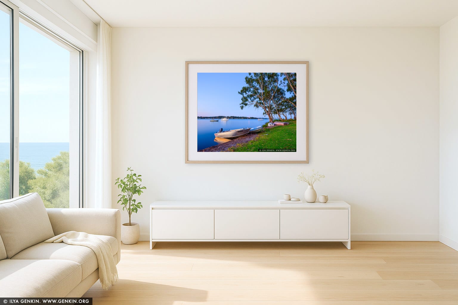 Sunset at Wangi Wangi wall art in a minimalist living room interior