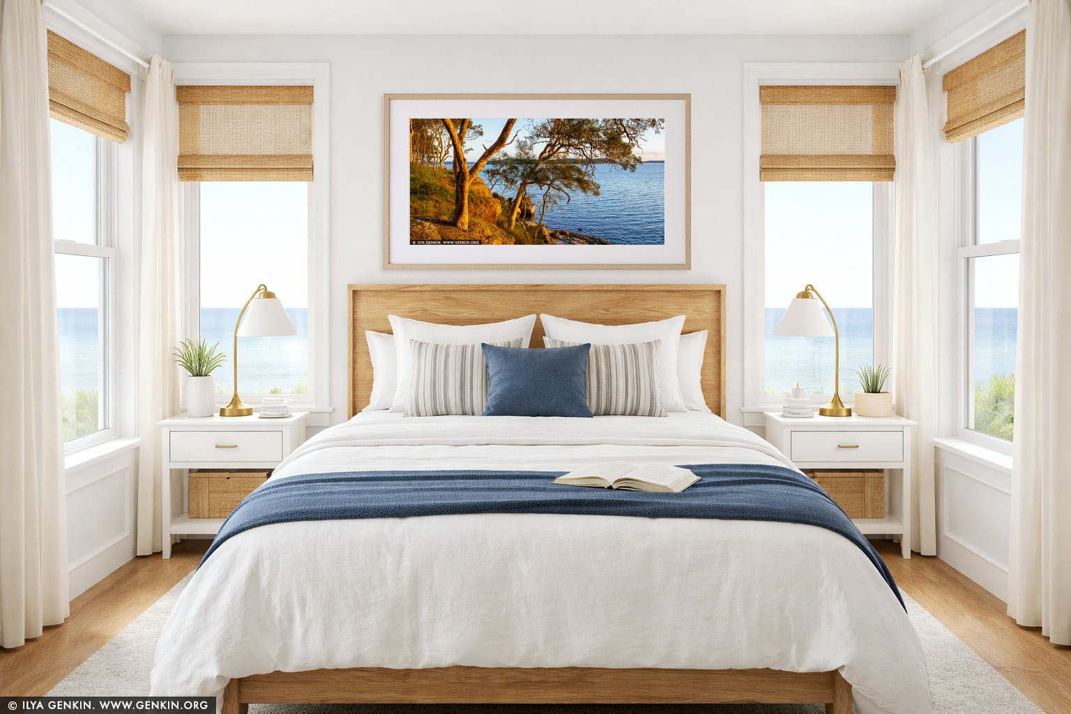 Sunset at Lake Macquarie wall art in a bedroom interior