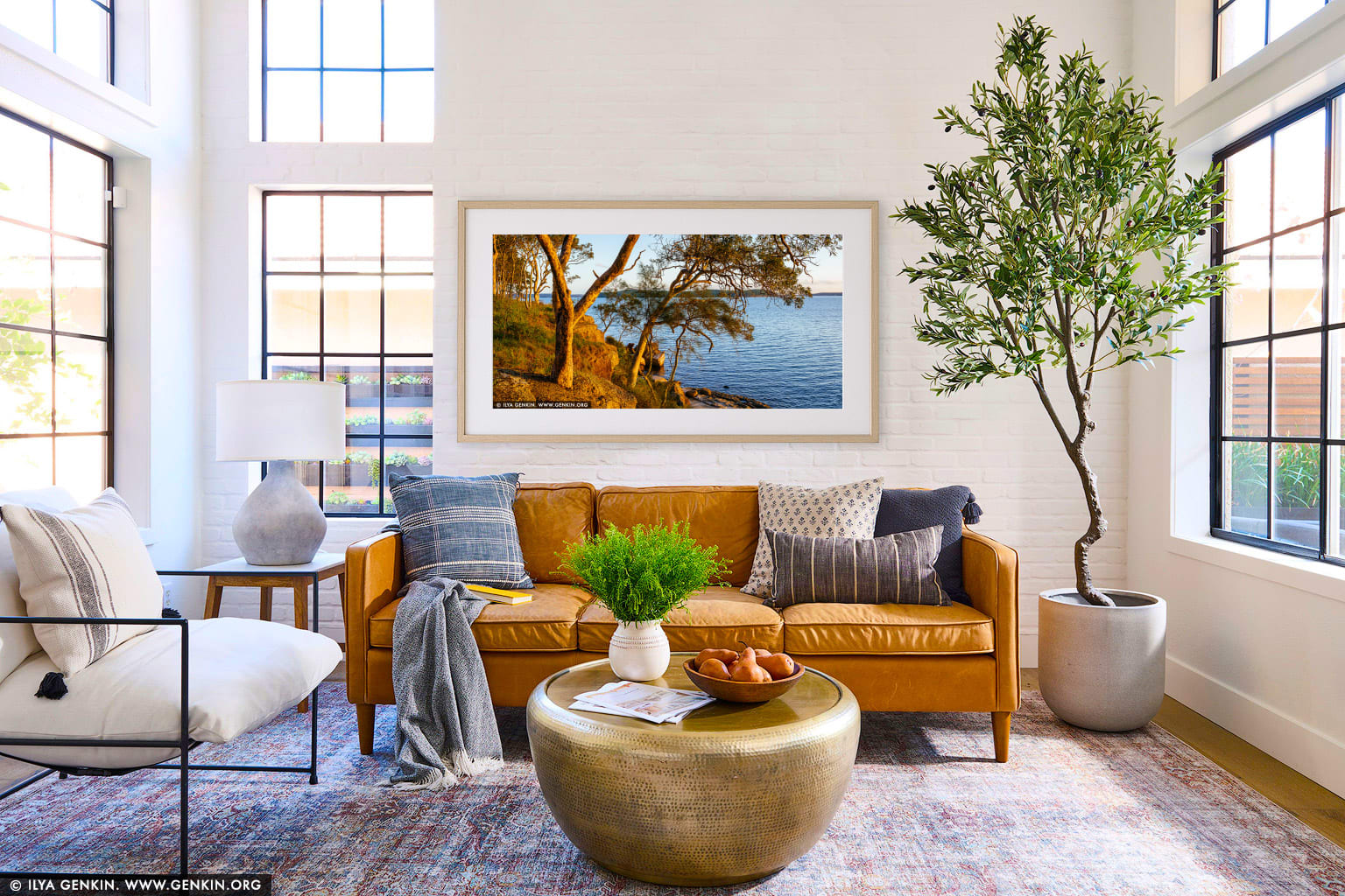 Sunset at Lake Macquarie wall art in a modern living room interior