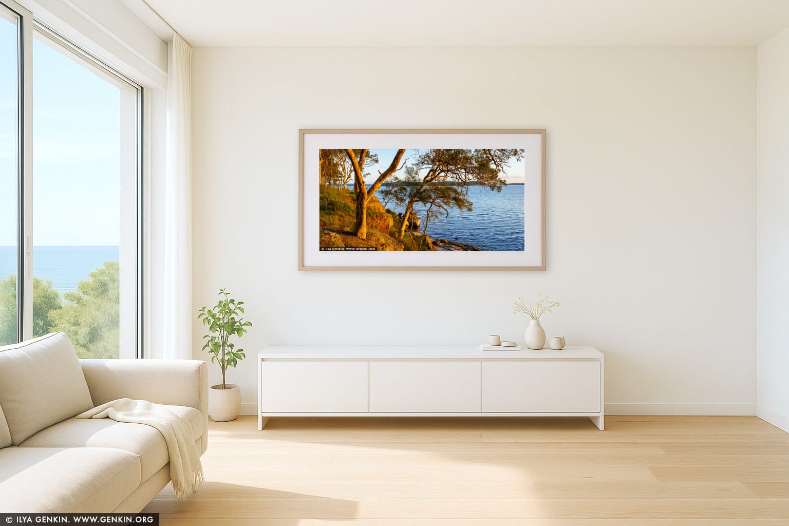 Sunset at Lake Macquarie wall art in a modern living room interior