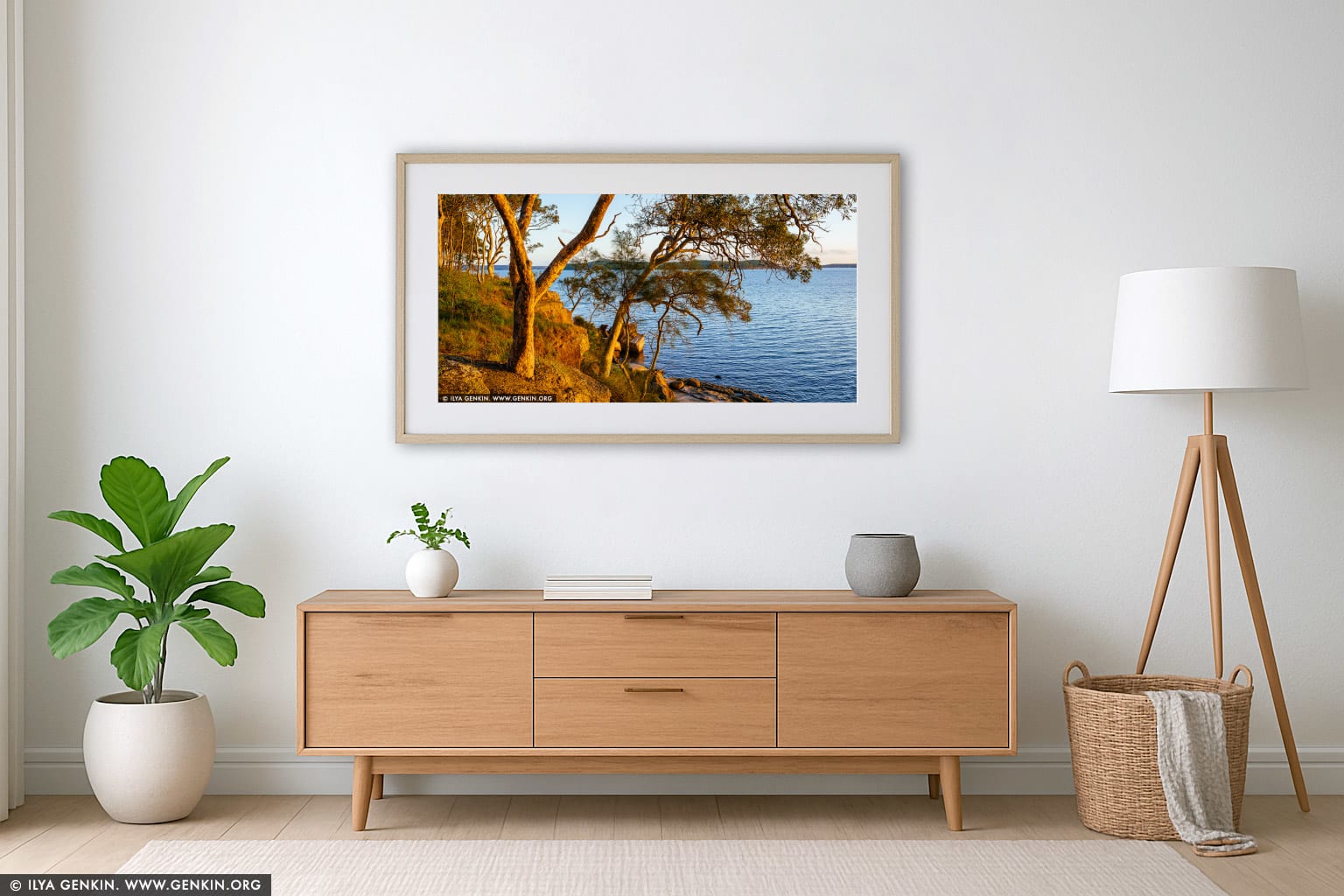Sunset at Lake Macquarie wall art in a contemporary living room interior