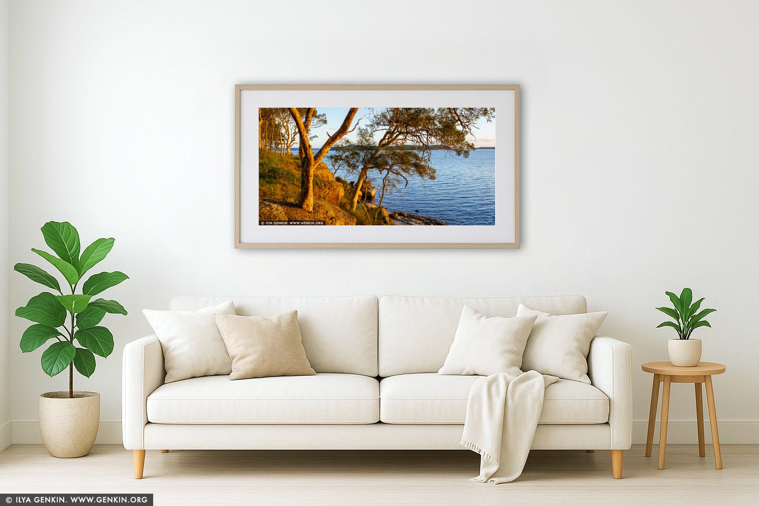 Sunset at Lake Macquarie wall art in a luxury living room interior