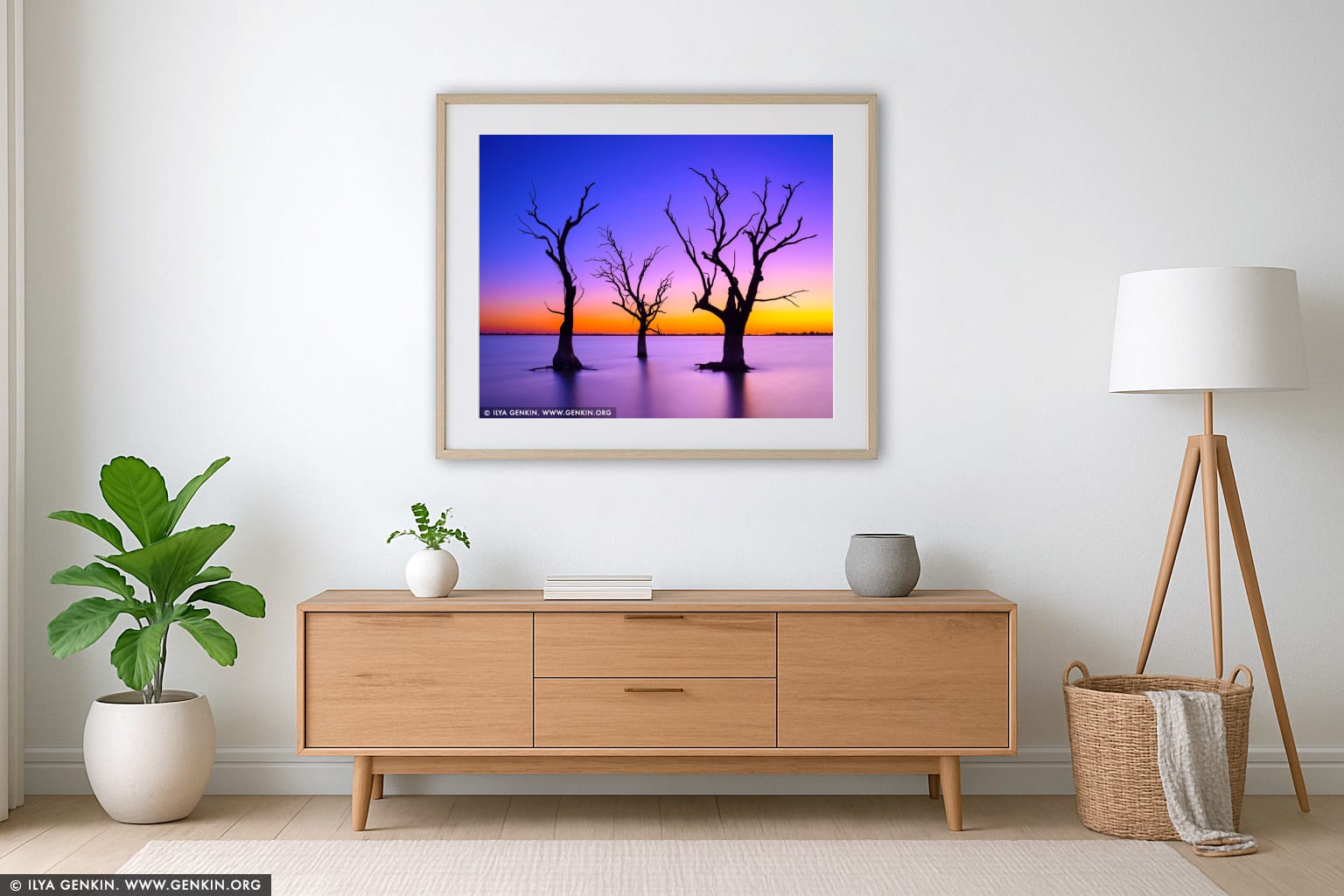 Sunset at Lake Bonney wall art in a minimalist living room interior