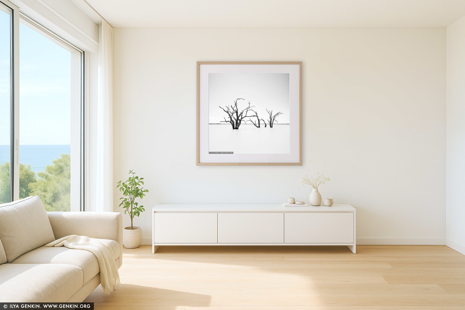 Dead Trees at Lake Bonney wall art in a minimalist living room interior
