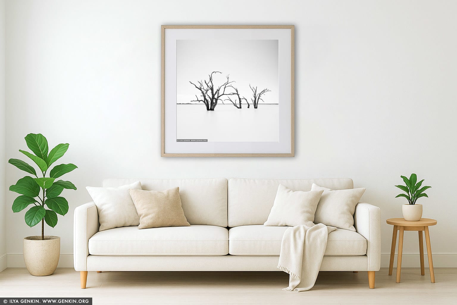 Dead Trees at Lake Bonney wall art in a contemporary living room interior