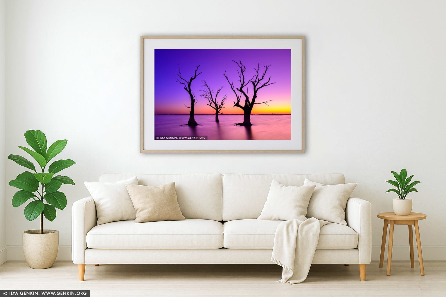 Sunset at Lake Bonney wall art in a minimalist living room interior