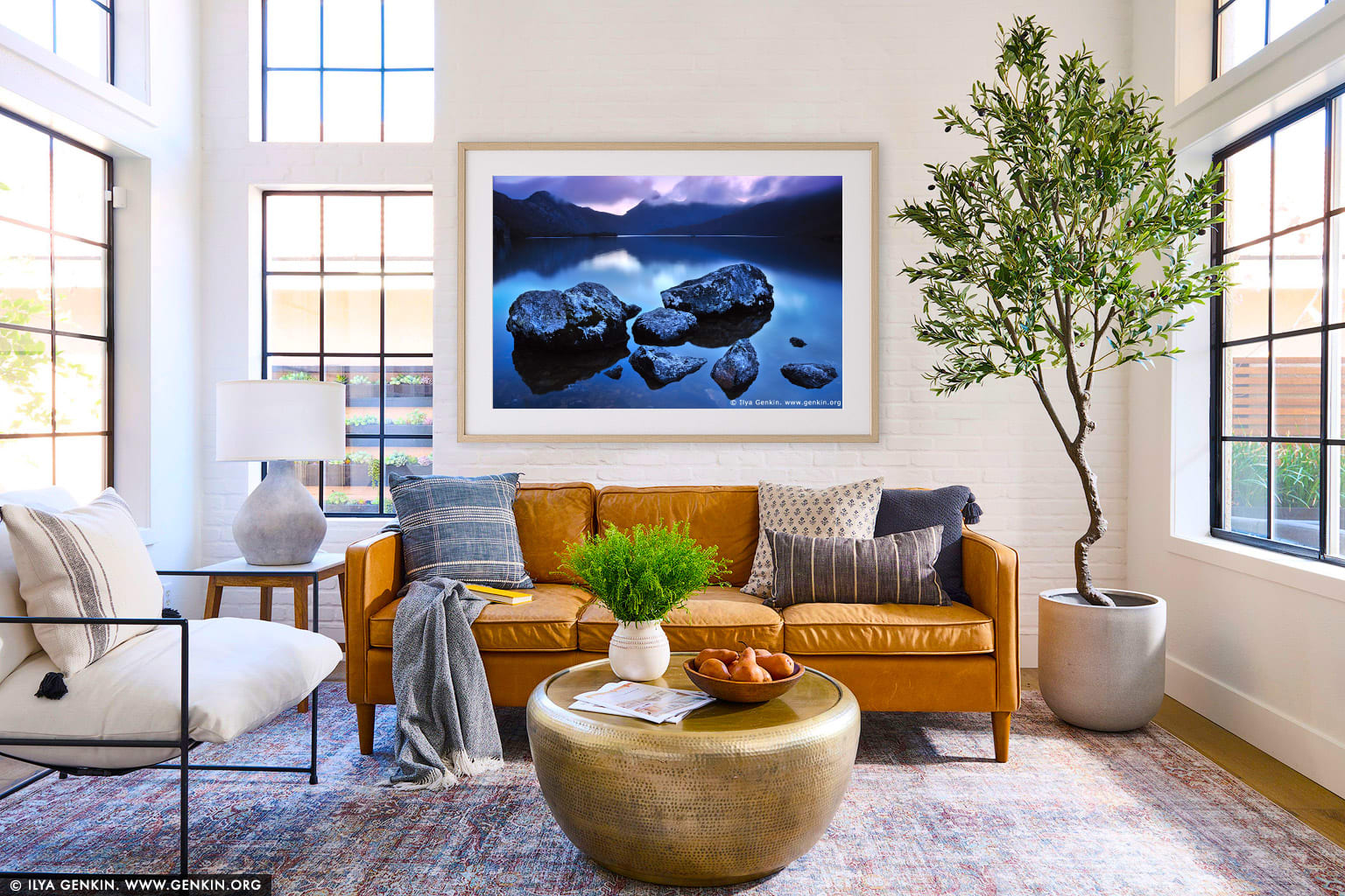 Last Light at Lake Dove wall art in a contemporary living room interior