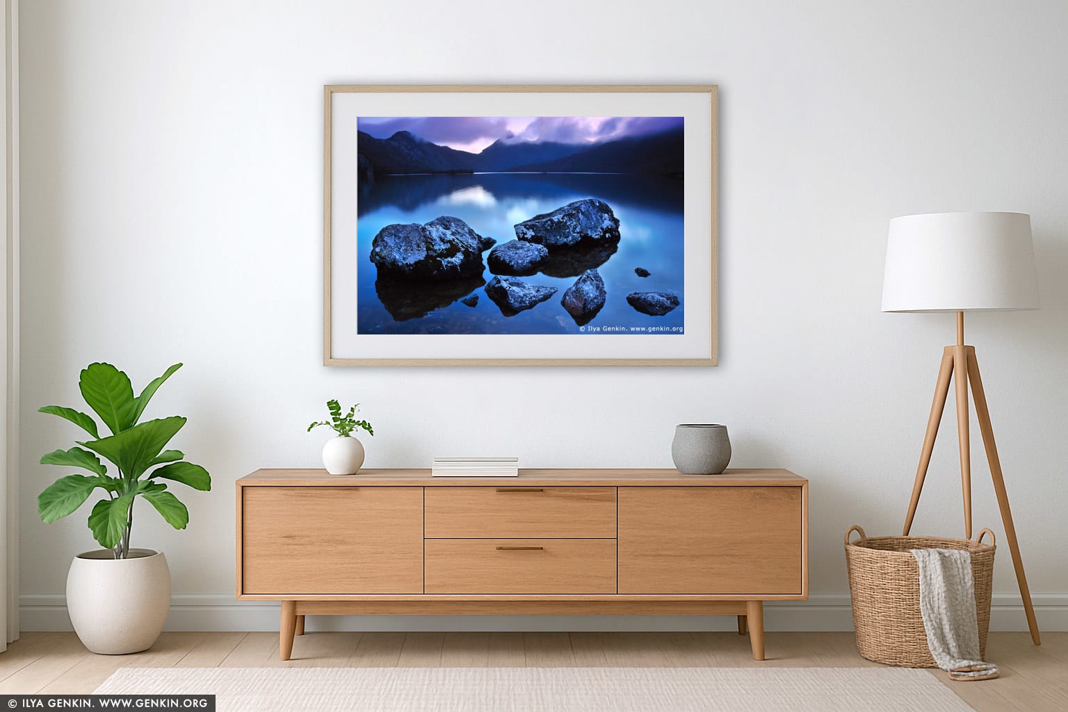 Last Light at Lake Dove wall art in a minimalist living room interior