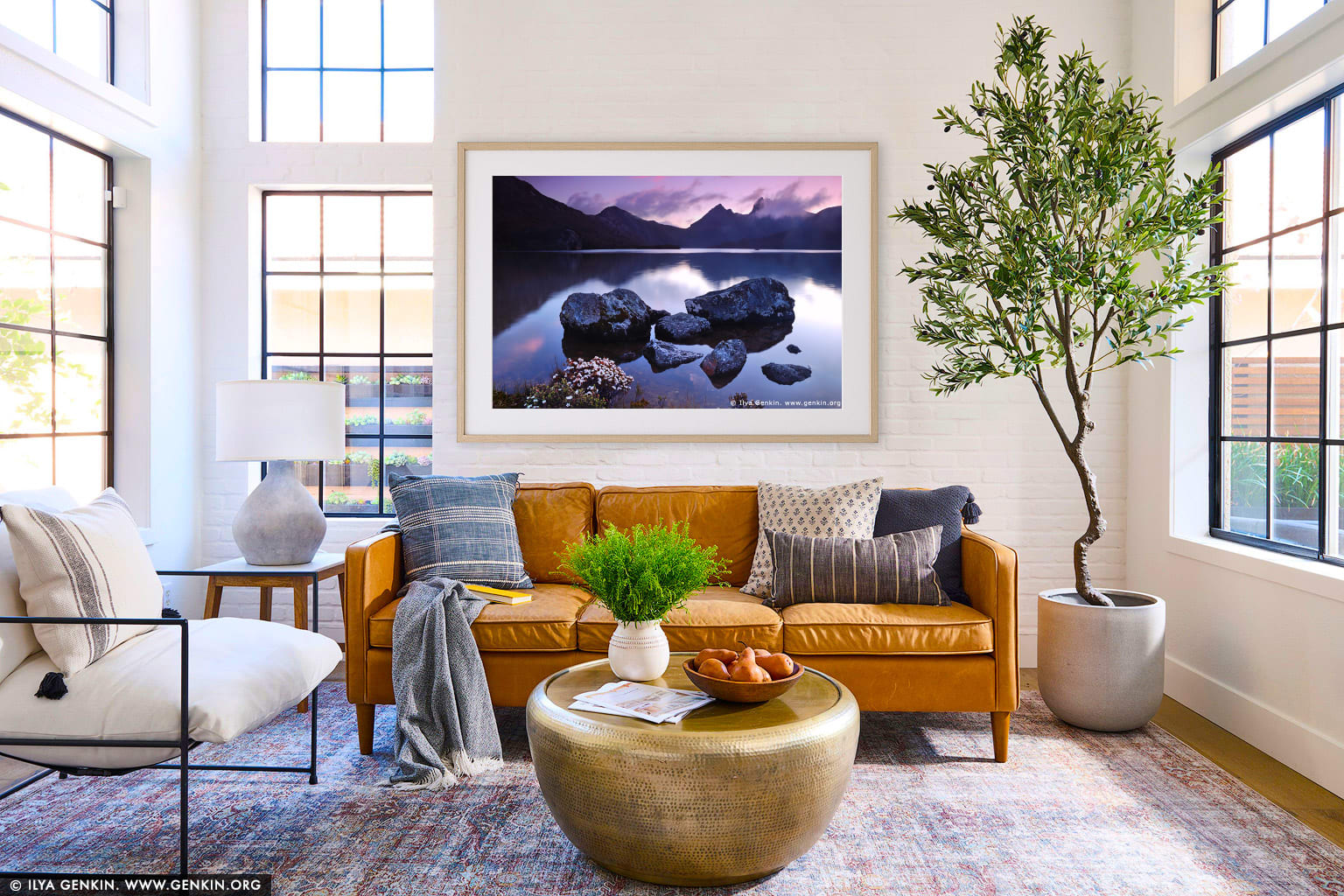 Lake Dove after Sunset wall art in a minimalist living room interior