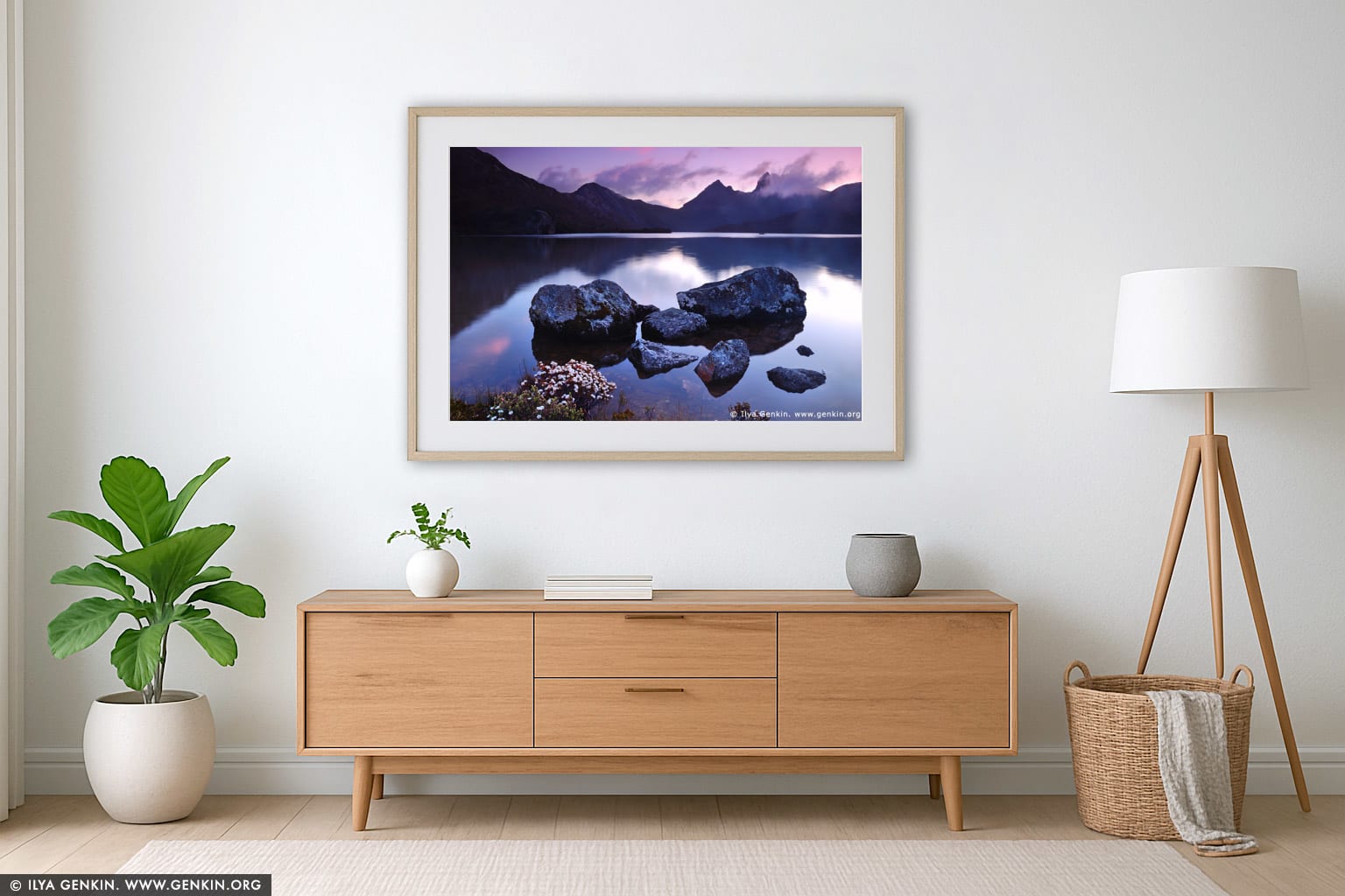 Lake Dove after Sunset wall art in a luxury living room interior